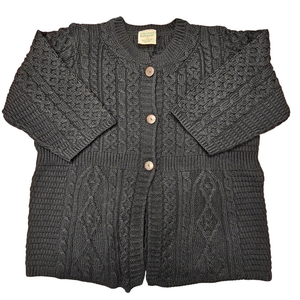 Kilronan Knitwear Cardigan Womens XL Black Merino Wool Cable Chunky Knit